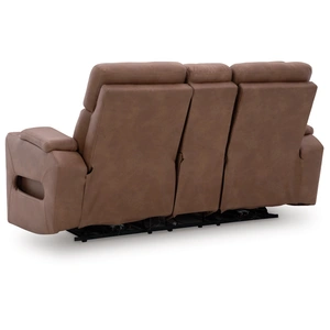 Ashley Furniture Clean-Slate Faux Leather Power Reclining Loveseat w/Console & Adjustable Headrests, Caramel