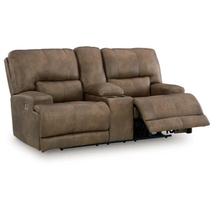 Ashley Furniture Beckley Place Faux Leather Power Reclining Loveseat w/Console & Adjustable Headrests, Earth