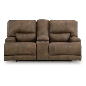 Ashley Furniture Beckley Place Faux Leather Power Reclining Loveseat w/Console & Adjustable Headrests, Earth