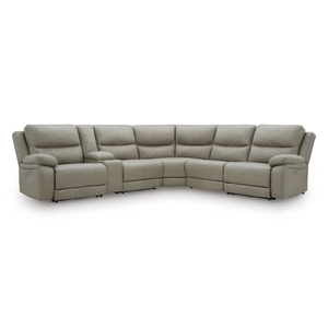 Ashley Furniture Narwhal Place 6-Piece L-Shaped Faux Leather Power Reclining Sectional w/Console, Pebble