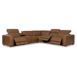 Ashley Furniture Magic Man Rally 6-Piece L-Shaped Leather Power Reclining Sectional w/Console, Caramel