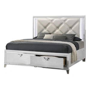 Galaxy Home Furnishings Prism Bed with Leatherette Upholstered Headboard, Storage Drawers & LED Lighting, Silver