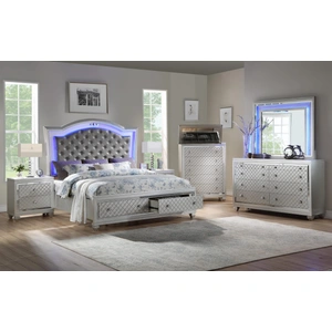 Cosmos Furniture Shiney Bedroom Set with LED Lighting, Faux Leather Upholstered Headboard & Storage Drawers