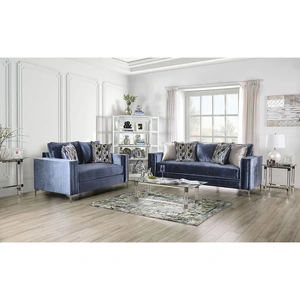 Furniture of America Jodie Fabric Living Room Set, Satin Blue/Silver