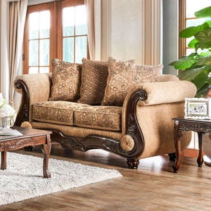 Furniture of America Nicanor Fabric/Wood Living Room Set, Tan/Gold