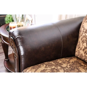 Furniture of America Quirino Chenille Fabric/Leatherette/Wood Loveseat in Tan/Dark Brown
