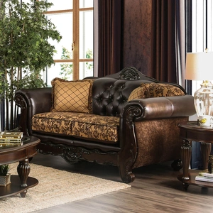 Furniture of America Quirino Chenille Fabric/Leatherette/Wood Loveseat in Tan/Dark Brown