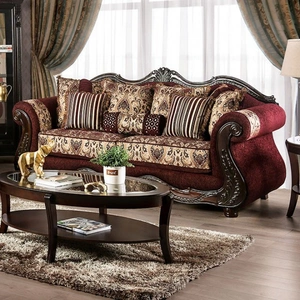 Furniture of America Matteo Fabric/Wood Living Room Set, Burgundy/Brown