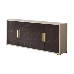 J&M Furniture Sonia Wood Veneer/Leatherette Extendable Dining Set, Pearl High Gloss/Brown & Cream Marble