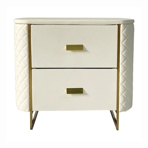 Furnings Timeless 2-Drawer Vinyl Upholstered Storage End Table, White & Gold