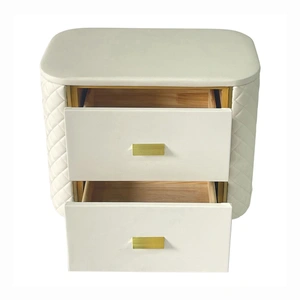Furnings Timeless 2-Drawer Vinyl Upholstered Storage End Table, White & Gold