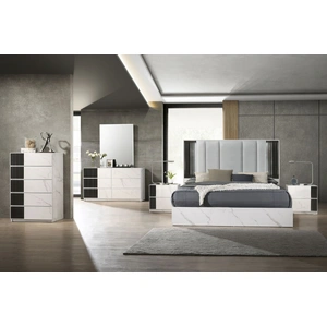 J&M Furniture Bianca Leatherette Bedroom Set w/LED, White/Grey Marble