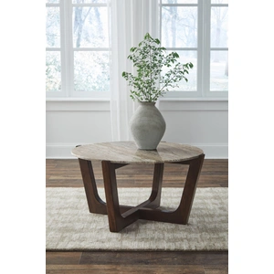 Ashley Furniture Tanidore Marble Wood Round Coffee Table Warm Brown, Warm Brown