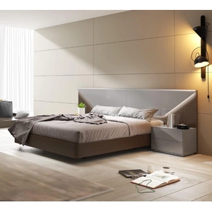 SoleModern Anzio Modern Bed with Lighting, Light Grey Lacquer/Oak