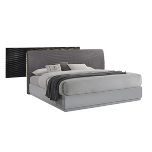 J&M Furniture Tribeca Premium Upholstered Glossy Platform Queen Size Bed, Black/Grey