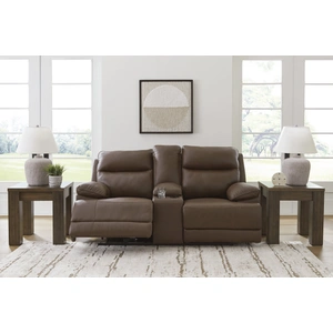 Ashley Furniture VonRyan Leather/PVC Power Reclining Loveseat w/Console & Adjustable Headrests, Tobacco