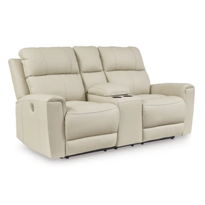 Ashley Furniture Dahlmoore Leather/PVC Power Reclining Loveseat w/Console, Almond