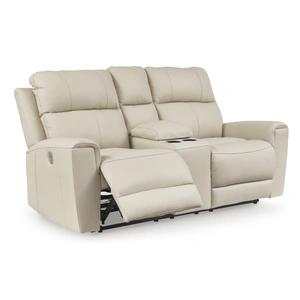 Ashley Furniture Dahlmoore Leather/PVC Power Reclining Loveseat w/Console, Almond