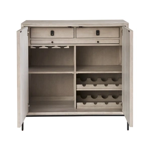 Universal Furniture Odessa Wood/Faux Linen Bar Cabinet w/2 Doors & 3 Drawers, Rolling Fog