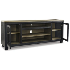 Ashley Furniture Foyland 74-inch XL Industrial Barn Door TV Stand - Distressed Black & Brown, Black/Brown