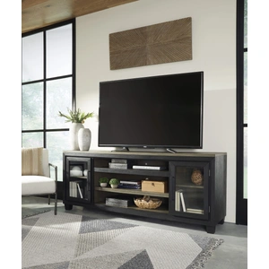 Ashley Furniture Foyland 74-inch XL Industrial Barn Door TV Stand - Distressed Black & Brown, Black/Brown